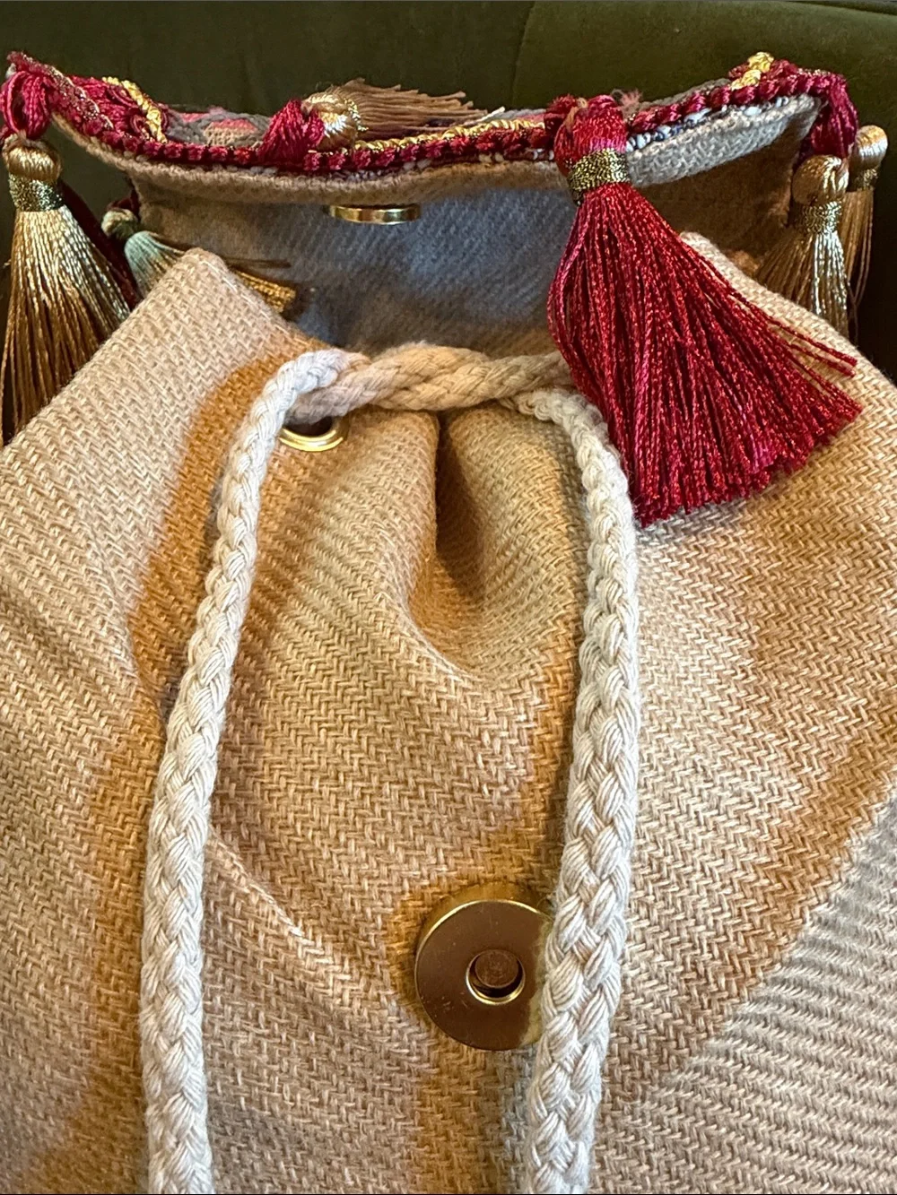AuthenticTribe Gorgeous mini Ethnic Tassel Backpack Pink Gold Burgundy tan boho